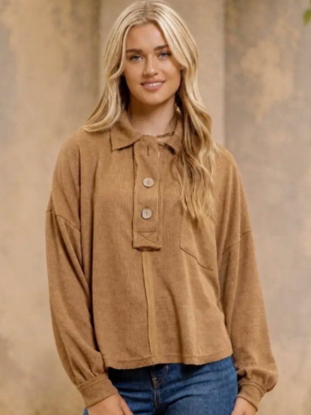 Collared Raw Edge Knit Top